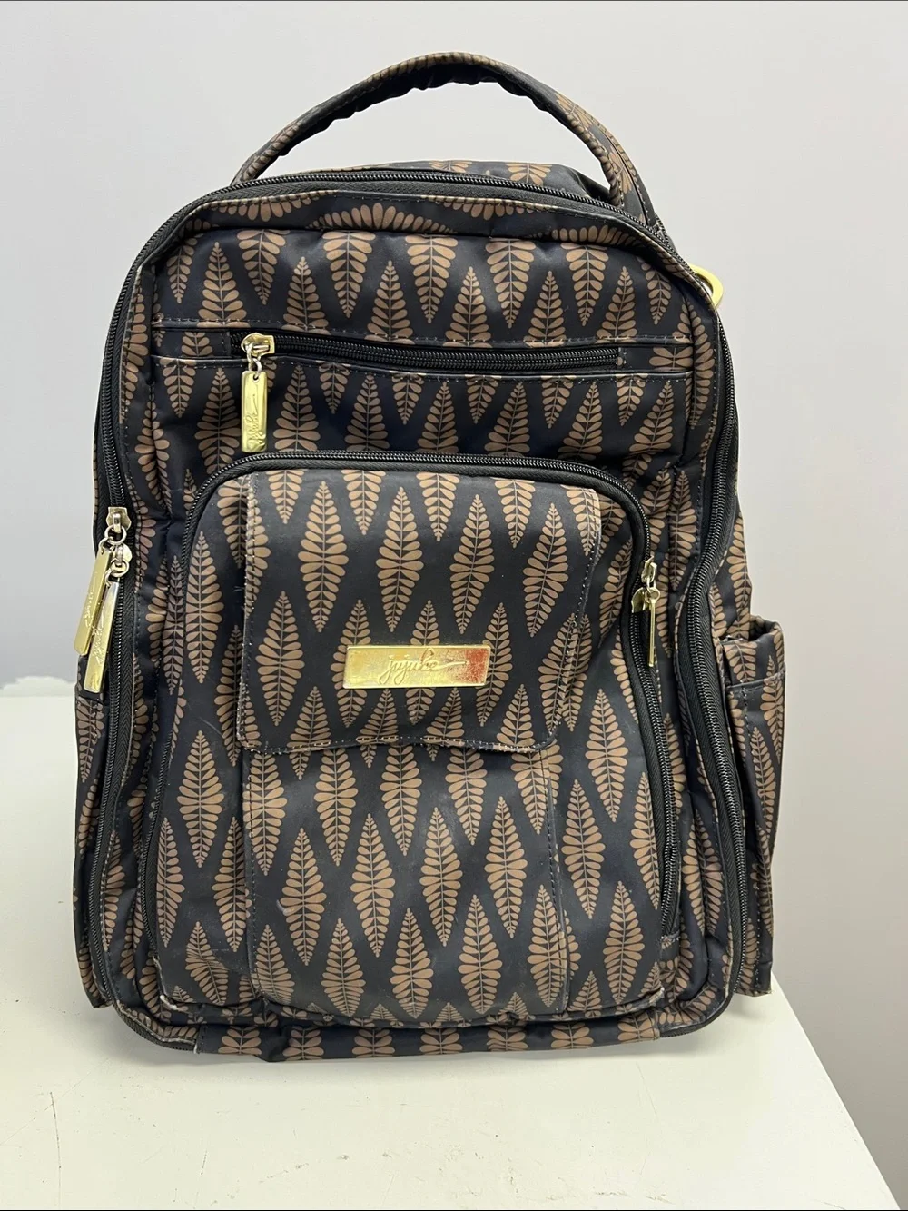 JuJuBe Patterned Diaper Backpack - Black & Gold Leaf Print